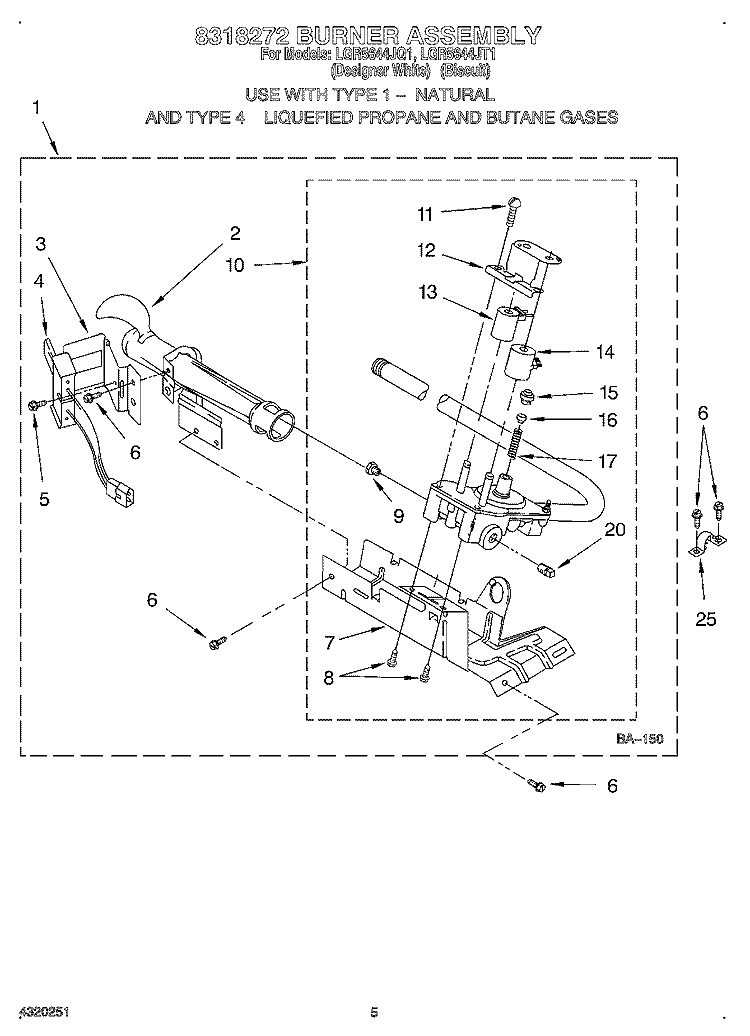 8318272 BURNER ASSEMBLY Diagram and Parts List for LGR5644JT1  Whirlpool Dryer