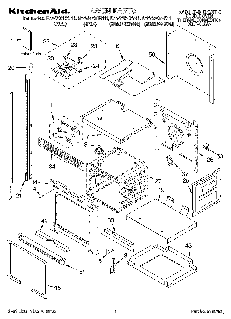 OVEN, LITERATURE Diagram and Parts List for KEBS208DBS11  KitchenAid Wall Oven
