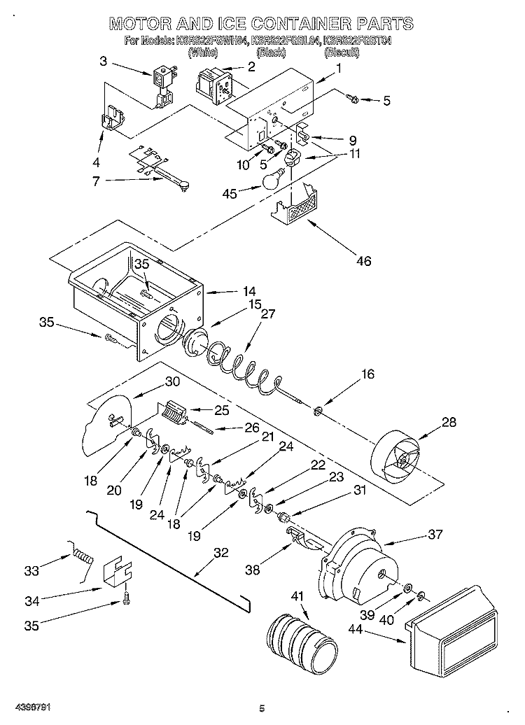 MOTOR AND ICE CONTAINER Diagram and Parts List for KSRS22FGBT04  KitchenAid Refrigerator