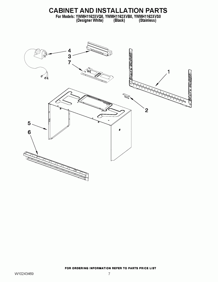 CABINET AND INSTALLATION PARTS Diagram and Parts List for YWMH1162XVB0  Whirlpool Microwave