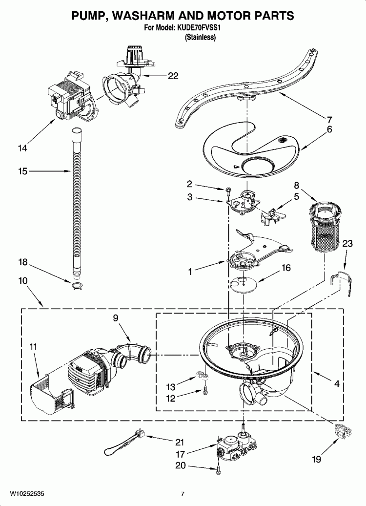 PUMP, WASHARM AND MOTOR PARTS Diagram and Parts List for KUDE70FVSS1  KitchenAid Dishwasher
