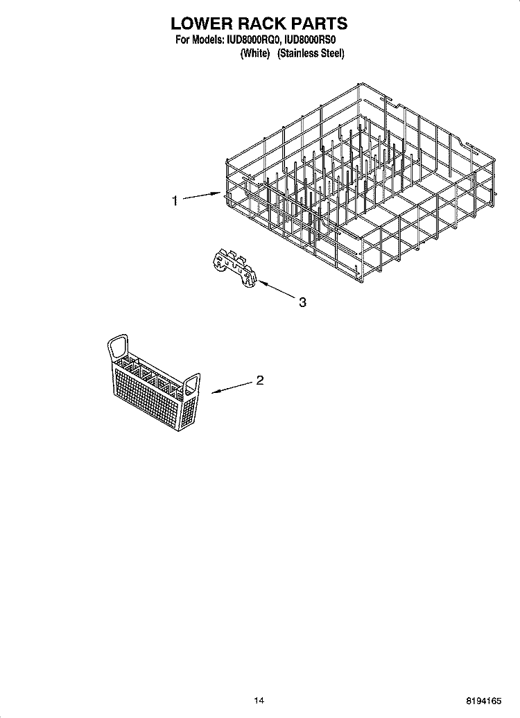LOWER RACK PARTS, OPTIONAL PARTS (NOT INCLUDED) Diagram and Parts List for IUD8000RQ0  Whirlpool Dishwasher