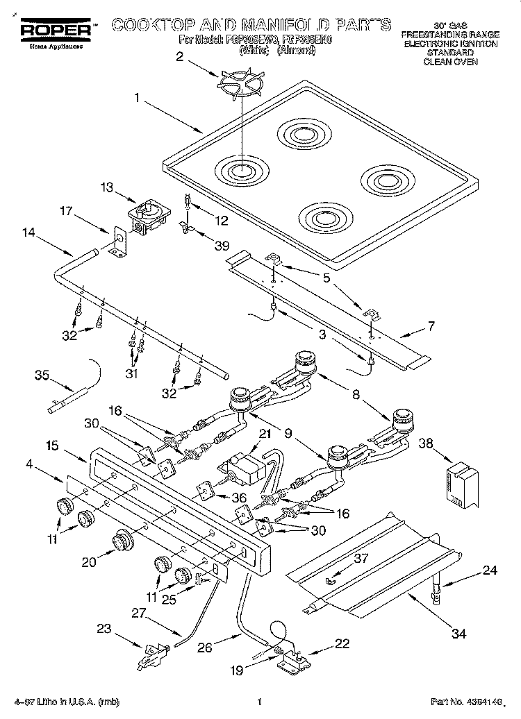 COOKTOP AND MANIFOLD Diagram and Parts List for FGP305EW0  Roper Range