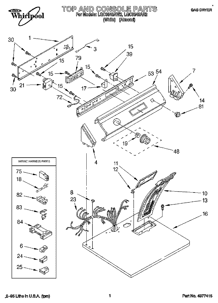 TOP AND CONSOLE, LIT/OPTIONAL Diagram and Parts List for LGC6646AW2  Whirlpool Dryer
