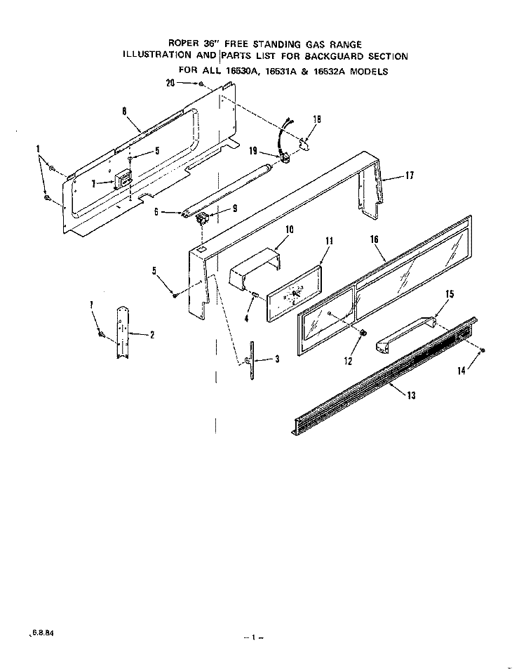 BACKGUARD Diagram and Parts List for 1653W0A  Roper Range