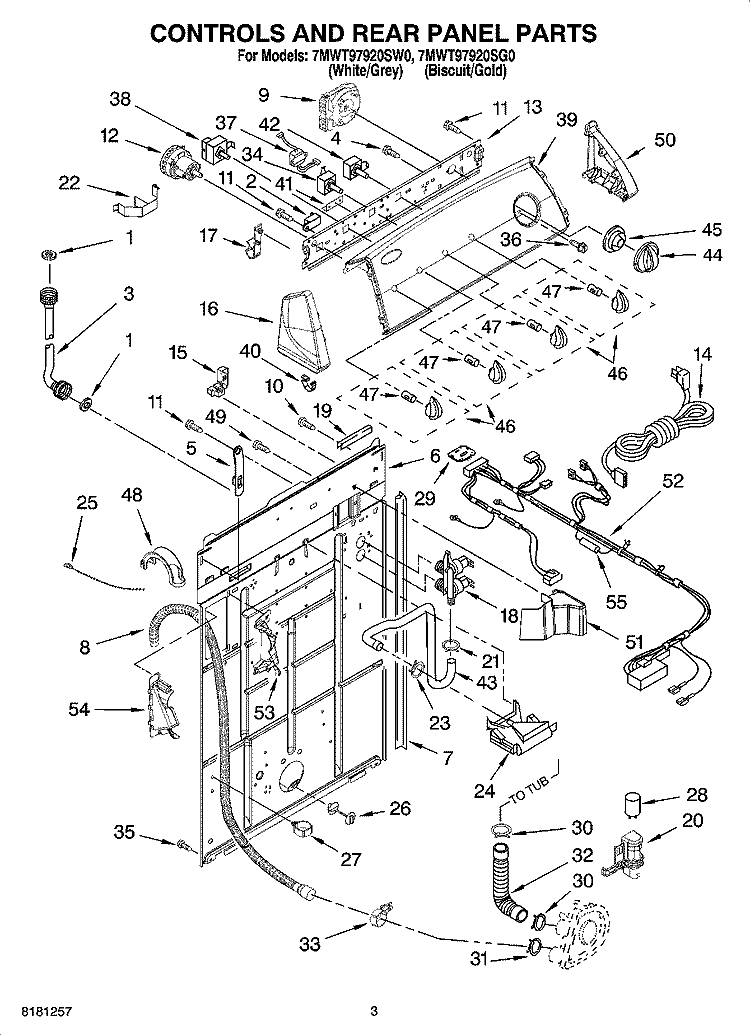 CONTROLS AND REAR PANEL PARTS Diagram and Parts List for 7MWT97920SW0  Whirlpool Washer