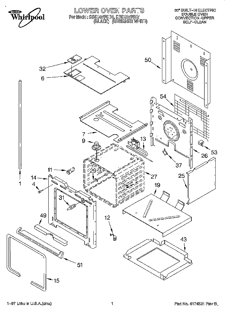LOWER OVEN Diagram and Parts List for RBD307PDB1  Whirlpool Wall Oven