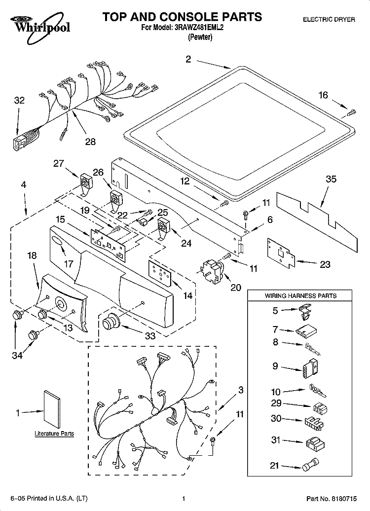 TOP AND CONSOLE PARTS Diagram and Parts List for 3RAWZ481EML2  Whirlpool Dryer