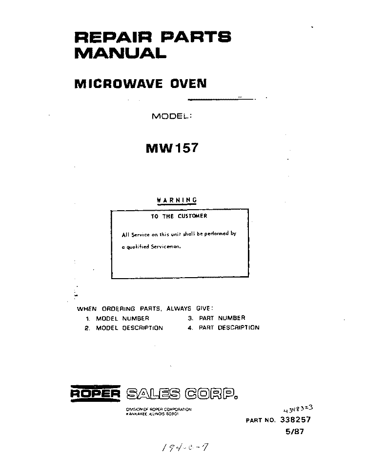 SECTION Diagram and Parts List for MW157  Roper Microwave