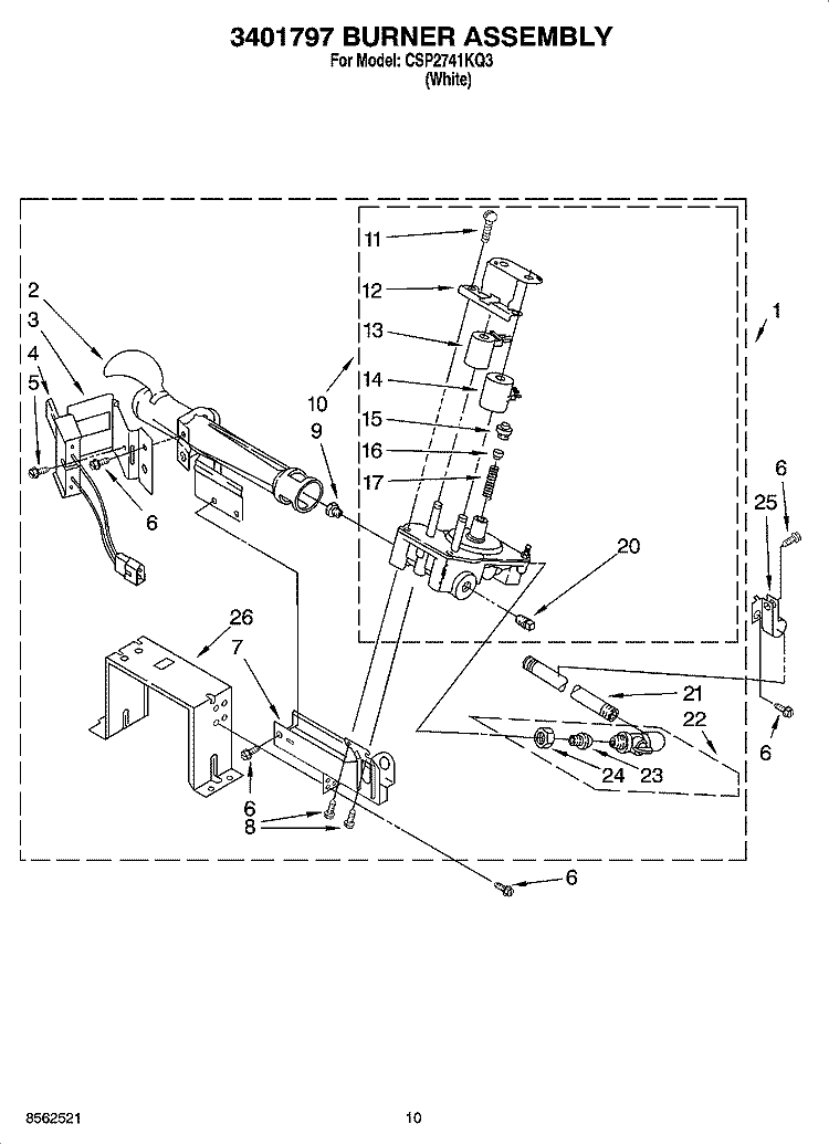 3401797 BURNER ASSEMBLY Diagram and Parts List for CSP2741KQ3  Whirlpool Dryer