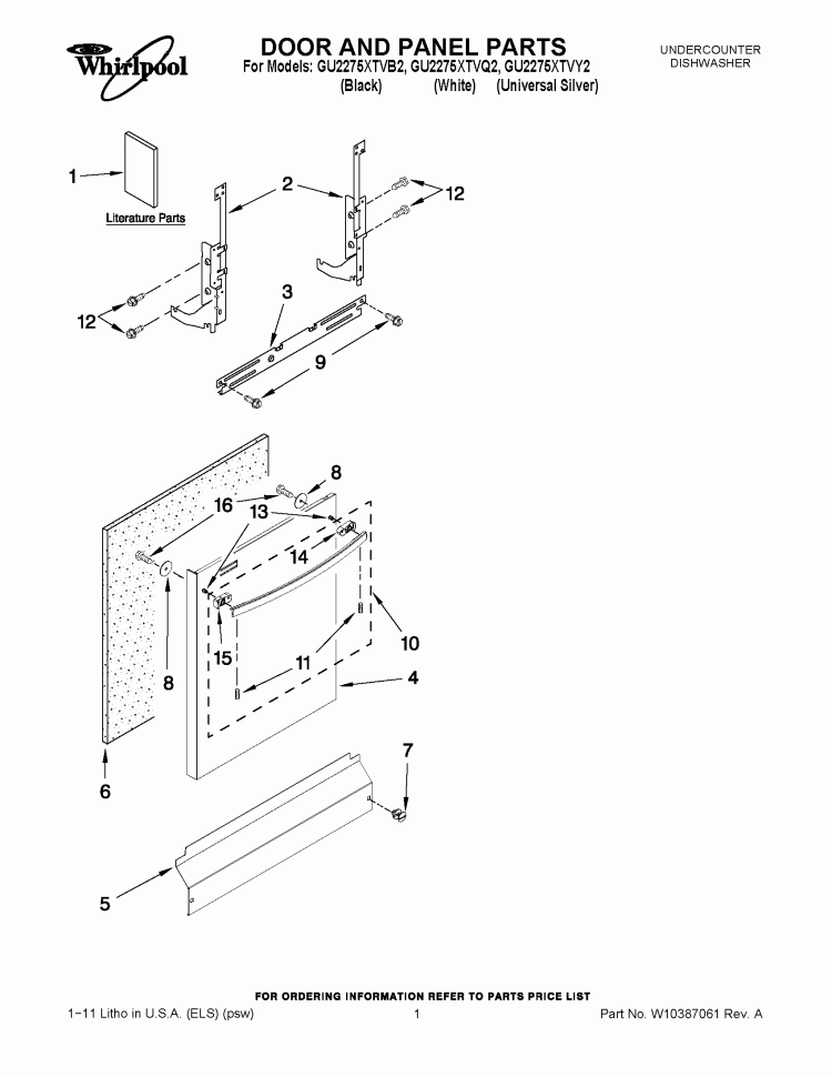 DOOR AND PANEL PARTS Diagram and Parts List for GU2275XTVB2  Whirlpool Dishwasher