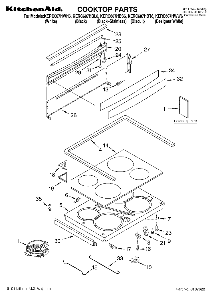 COOKTOP, LITERATURE Diagram and Parts List for KERC607HWW6  KitchenAid Range