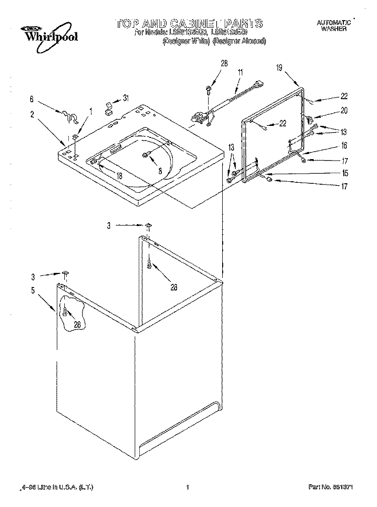TOP AND CABINET Diagram and Parts List for LSR6132EZ0  Whirlpool Washer