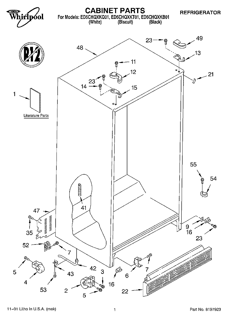 CABINET, LITERATURE Diagram and Parts List for ED5CHQXKB01  Whirlpool Refrigerator