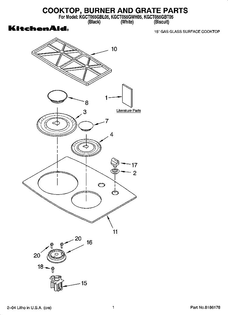 COOKTOP, BURNER AND GRATE PARTS Diagram and Parts List for KGCT055GBT05  KitchenAid Cooktop