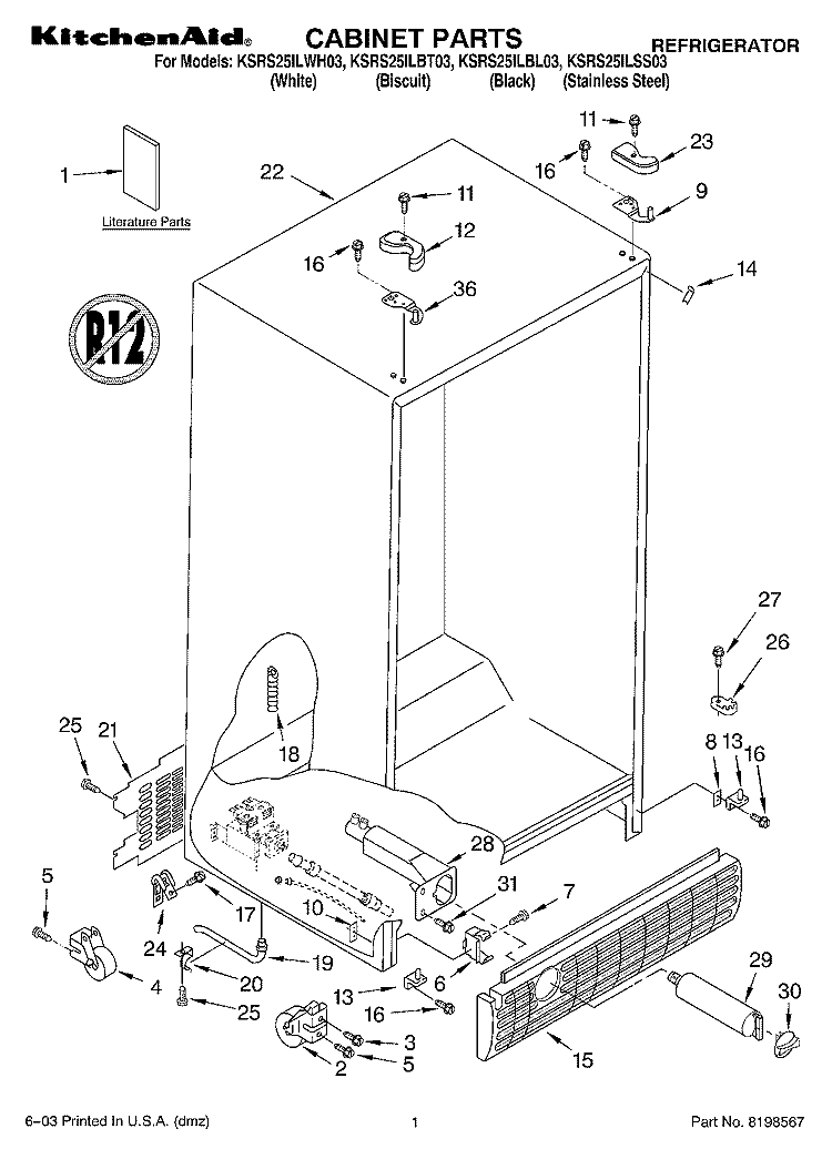 CABINET PARTS Diagram and Parts List for KSRS25ILBL03  KitchenAid Refrigerator