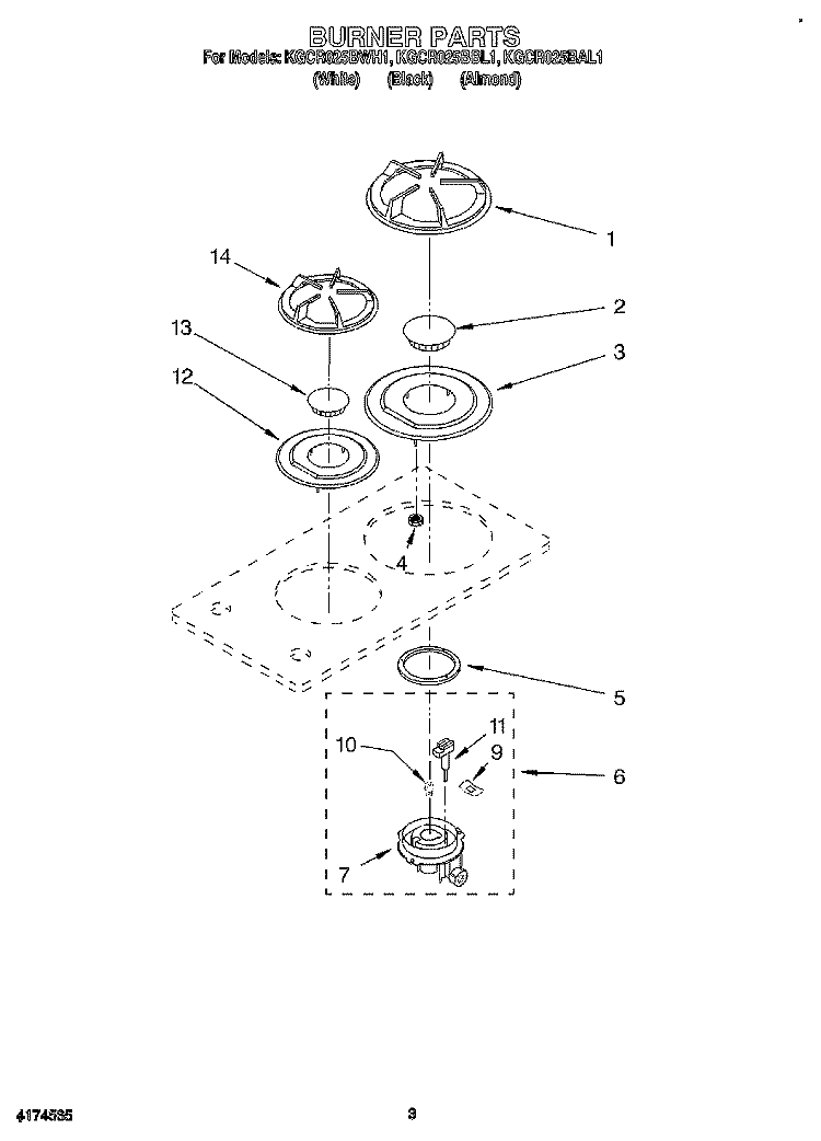 BURNER PARTS Diagram and Parts List for KGCR025BAL1  KitchenAid Cooktop
