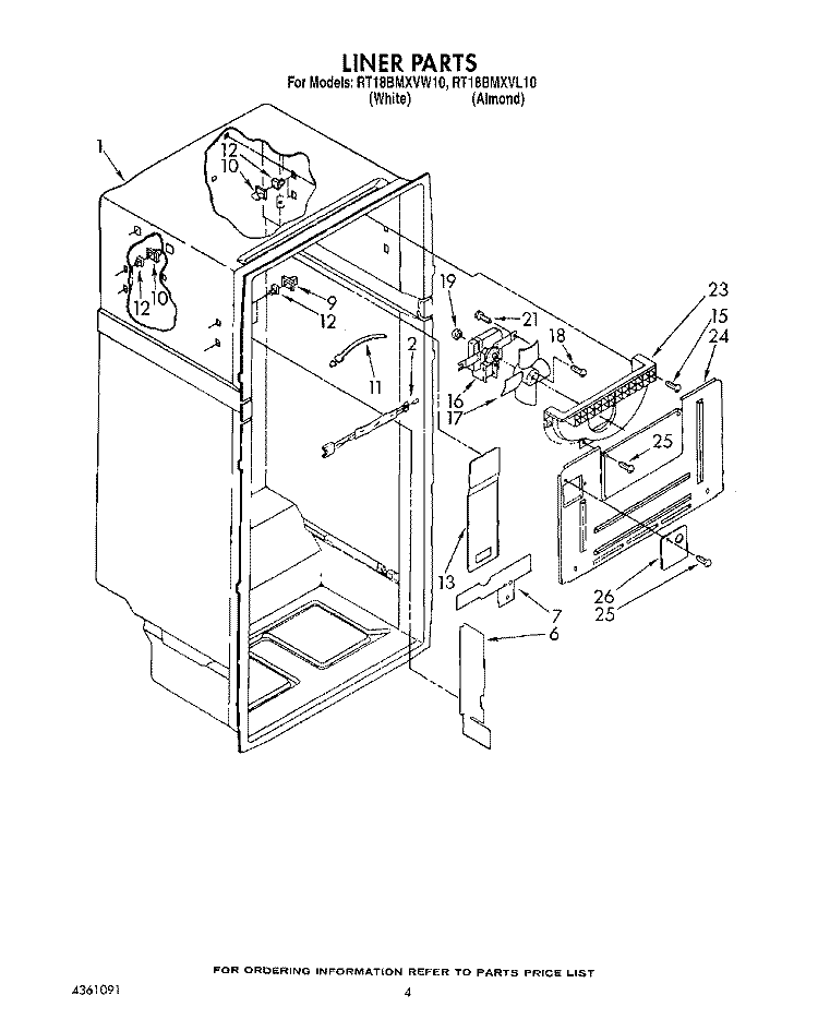 LINER Diagram and Parts List for RT18BMXVW10  Roper Refrigerator