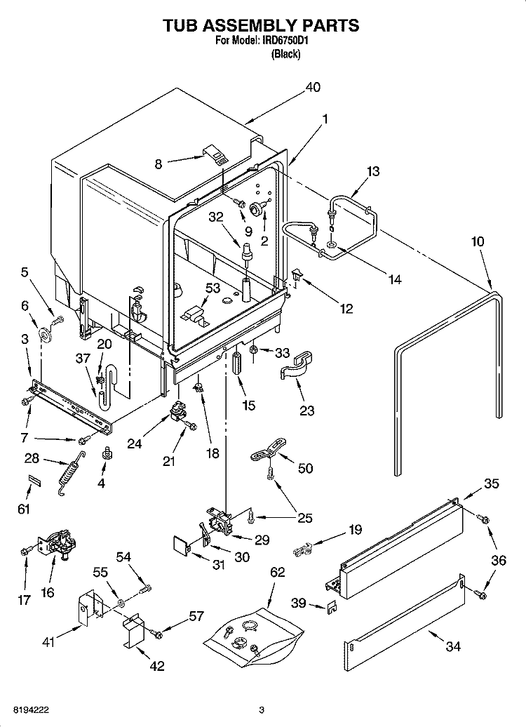 TUB ASSEMBLY PARTS Diagram and Parts List for IRD6750D1  Inglis Dishwasher