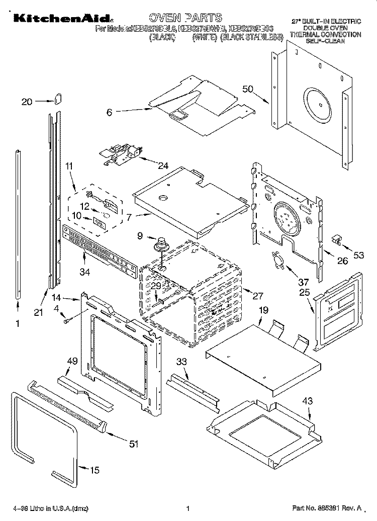 OVEN Diagram and Parts List for KEBS278DBS6  KitchenAid Wall Oven