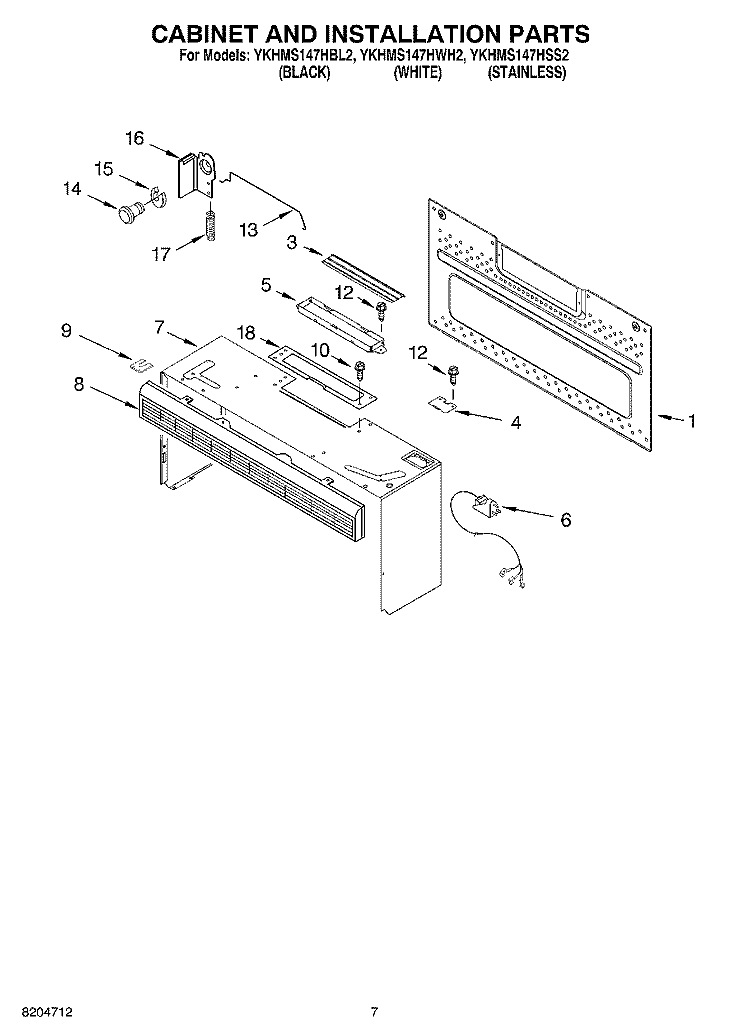 CABINET AND INSTALLATION PARTS Diagram and Parts List for YKHMS147HWH2  KitchenAid Microwave