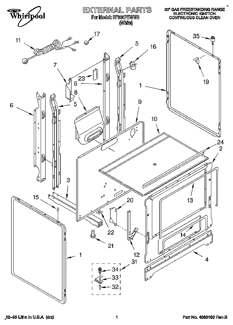EXTERNAL Diagram and Parts List for SF330PEWW5  Whirlpool Range