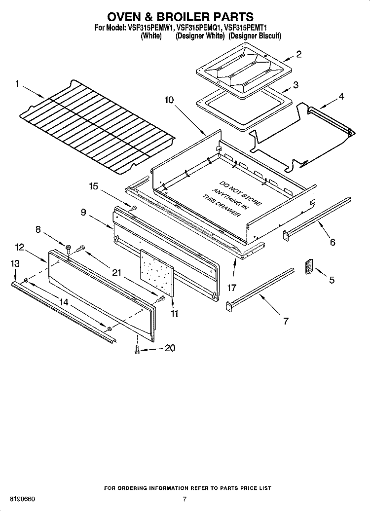 OVEN & BROILER PARTS Diagram and Parts List for VSF315PEMQ1  Whirlpool Range