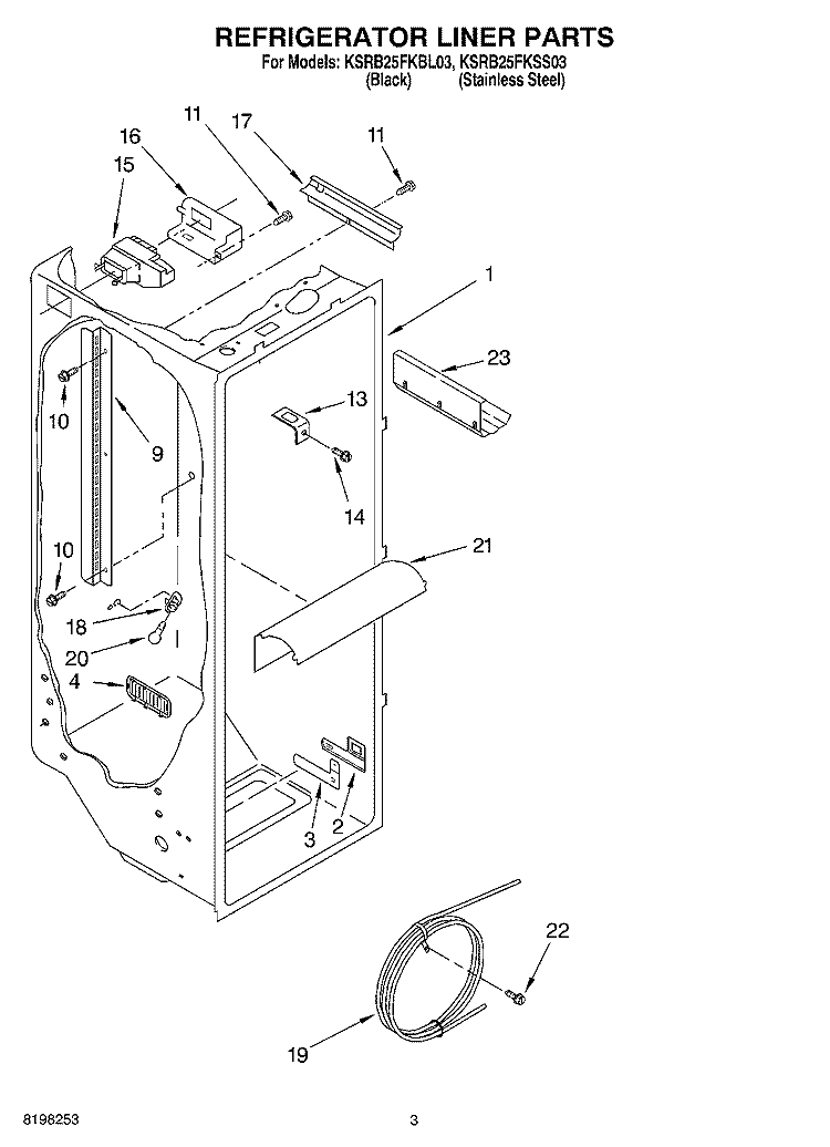 REFRIGERATOR LINER PARTS Diagram and Parts List for KSRB25FKSS03  KitchenAid Refrigerator