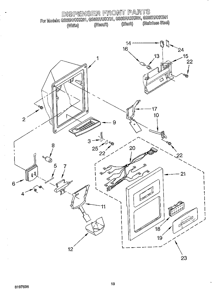 DISPENSER FRONT Diagram and Parts List for GS6SHAXKB01  Whirlpool Refrigerator