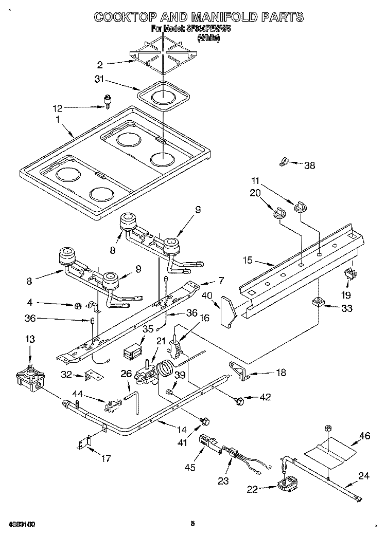 COOKTOP AND MANIFOLD, LITERATURE Diagram and Parts List for SF330PEWW5  Whirlpool Range
