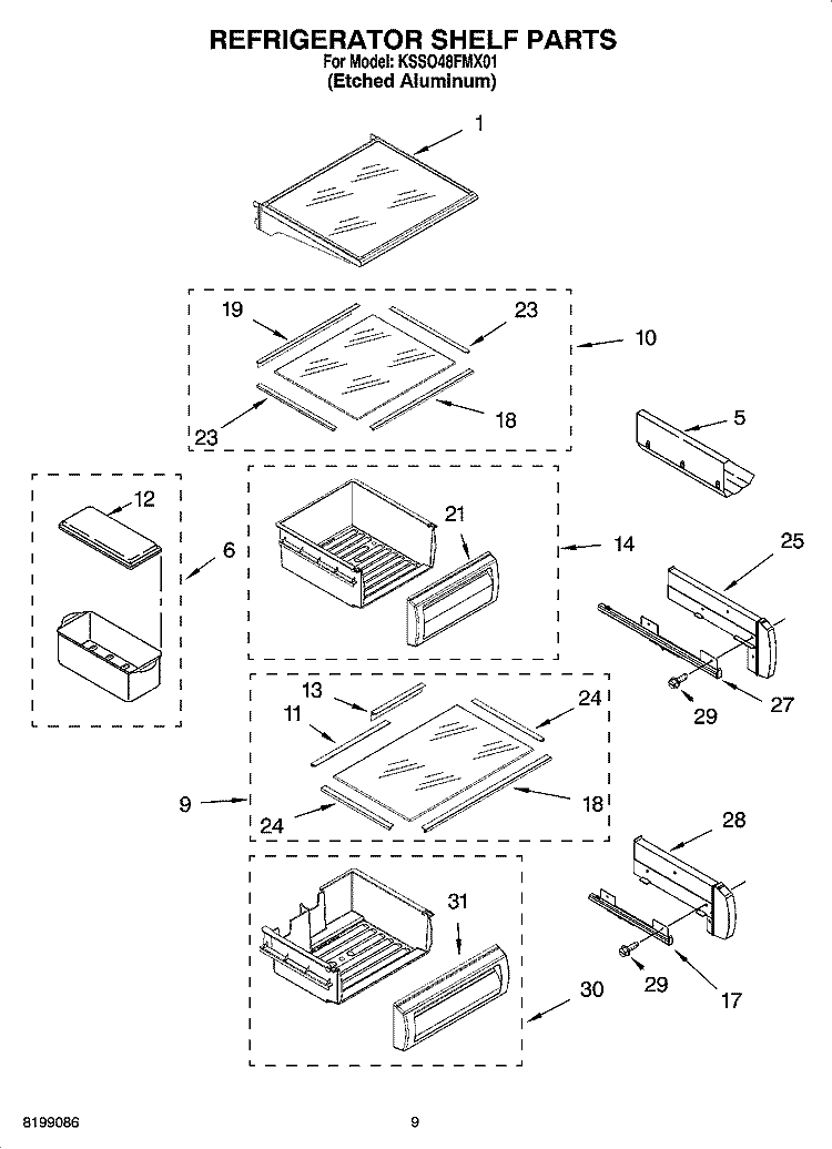 REFRIGERATOR SHELF PARTS Diagram and Parts List for KSSO48FMX01  KitchenAid Refrigerator
