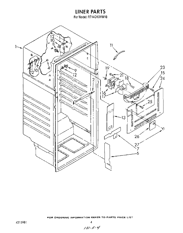 LINER Diagram and Parts List for RT14CKXVW10  Roper Refrigerator