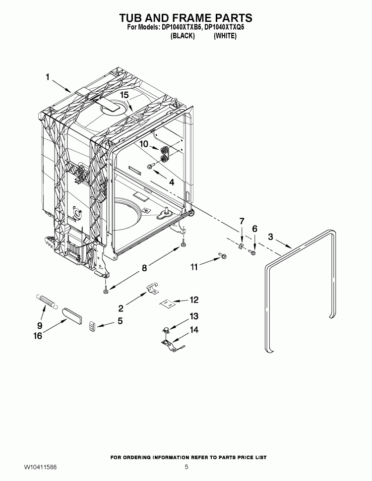 TUB AND FRAME PARTS Diagram and Parts List for DP1040XTXB5  Whirlpool Dishwasher