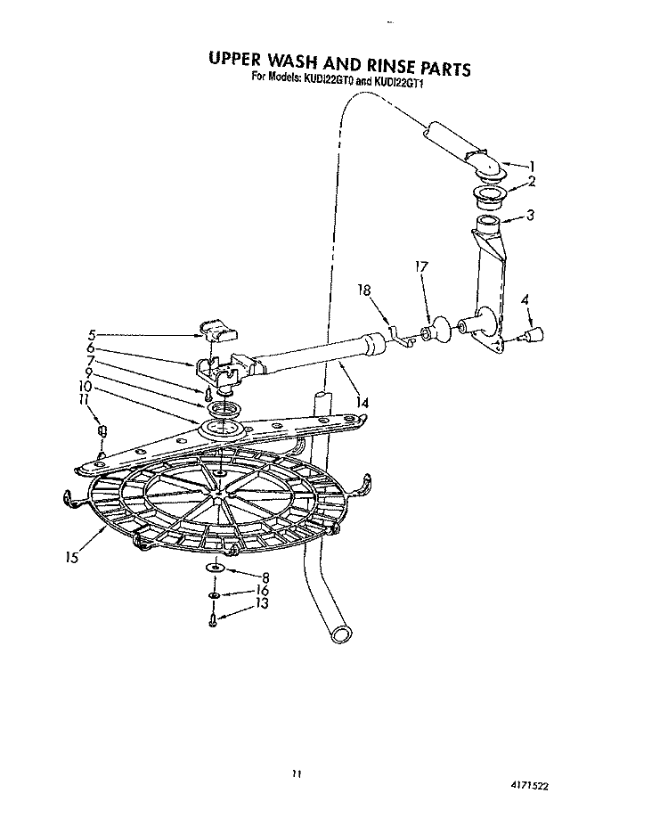 UPPER WASH AND RINSE Diagram and Parts List for KUDI22GT0  KitchenAid Dishwasher