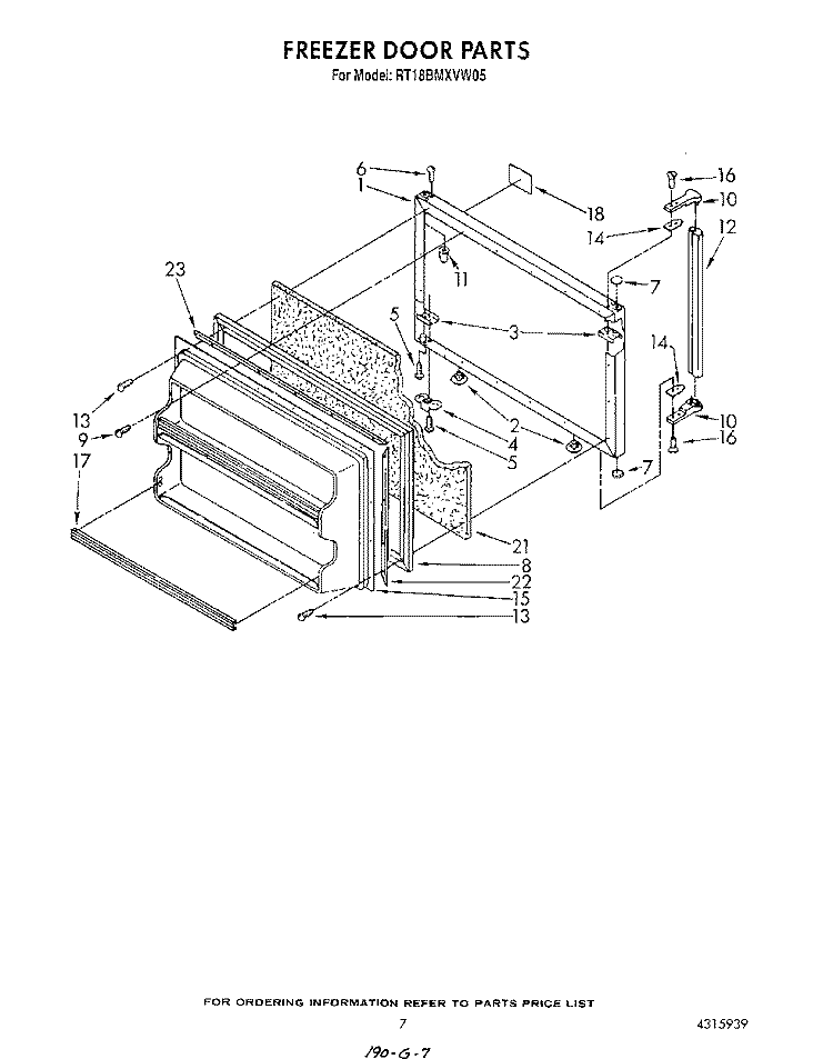FREEZER DOOR Diagram and Parts List for RT18BMXVW05  Roper Refrigerator