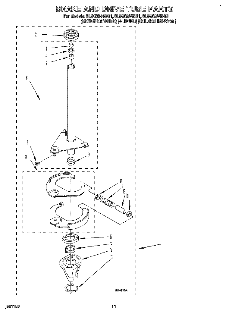BRAKE AND DRIVE TUBE Diagram and Parts List for 8LSC6244BN1  Whirlpool Washer
