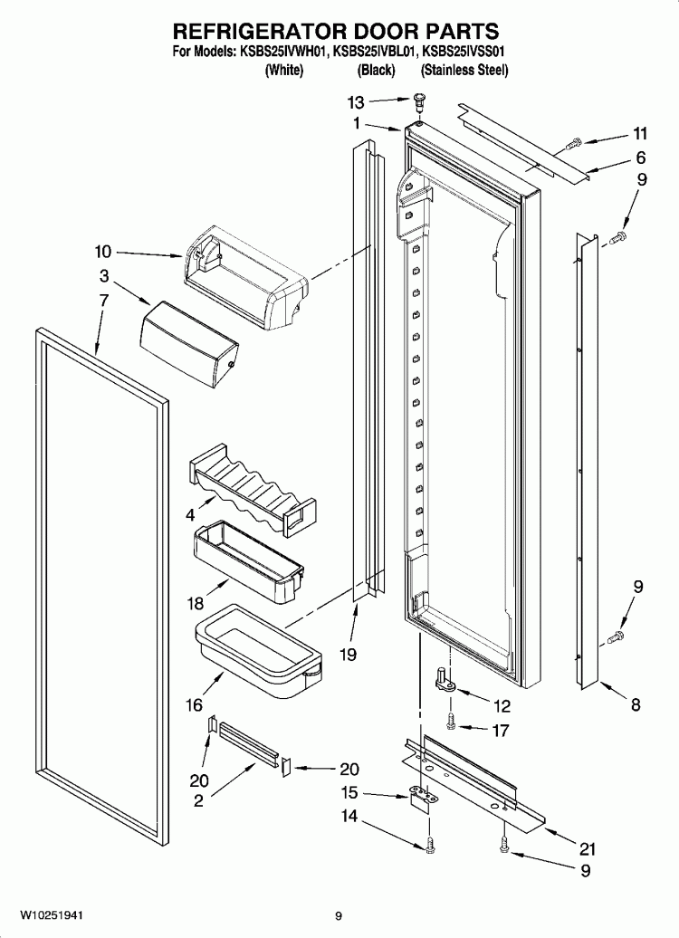REFRIGERATOR DOOR PARTS Diagram and Parts List for KSBS25IVBL01  KitchenAid Refrigerator