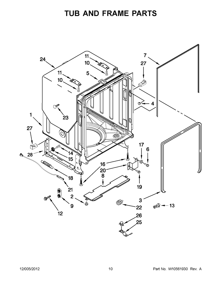 TUB AND FRAME PARTS Diagram and Parts List for KUDE60FXWH5  KitchenAid Dishwasher