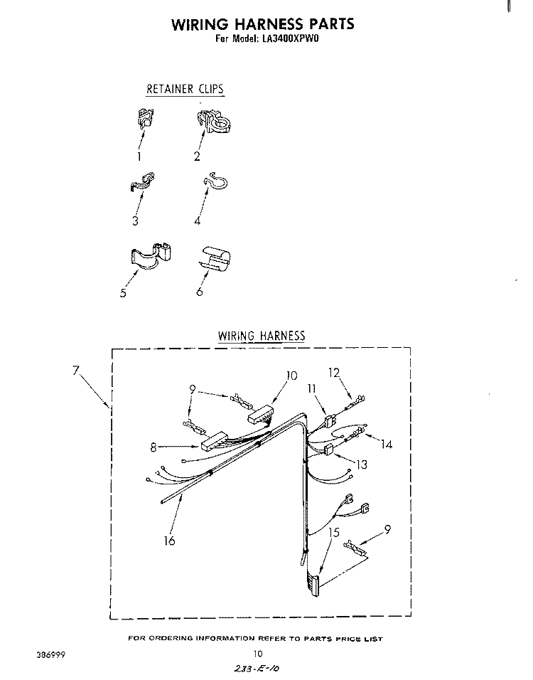 WIRING HARNESS Diagram and Parts List for LA3400XPW0  Whirlpool Washer