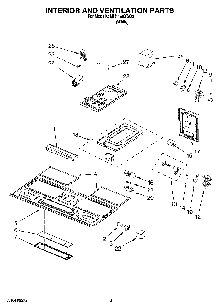 INTERIOR AND VENTILATION PARTS Diagram and Parts List for MH1160XSQ2  Whirlpool Microwave