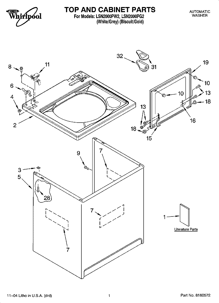 TOP AND CABINET PARTS Diagram and Parts List for LSN2000PG2  Whirlpool Washer