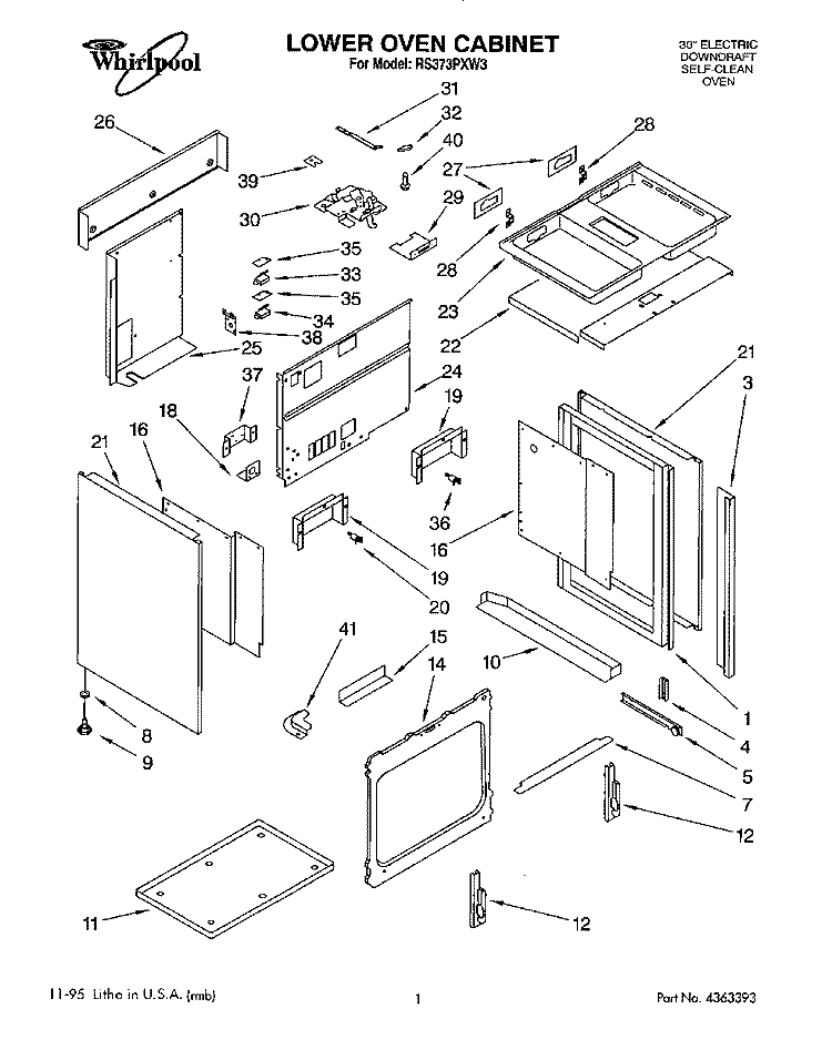 LOWER OVEN CABINET Diagram and Parts List for RS373PXW3  Whirlpool Range