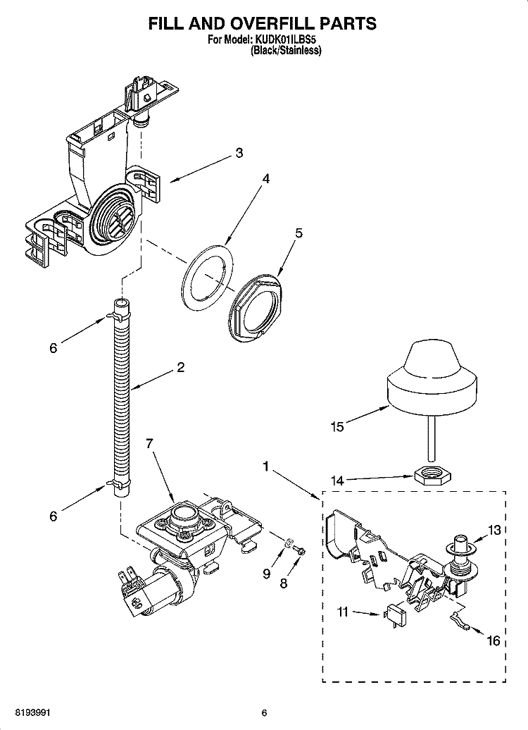 FILL AND OVERFILL PARTS Diagram and Parts List for KUDK01ILBS5  KitchenAid Dishwasher