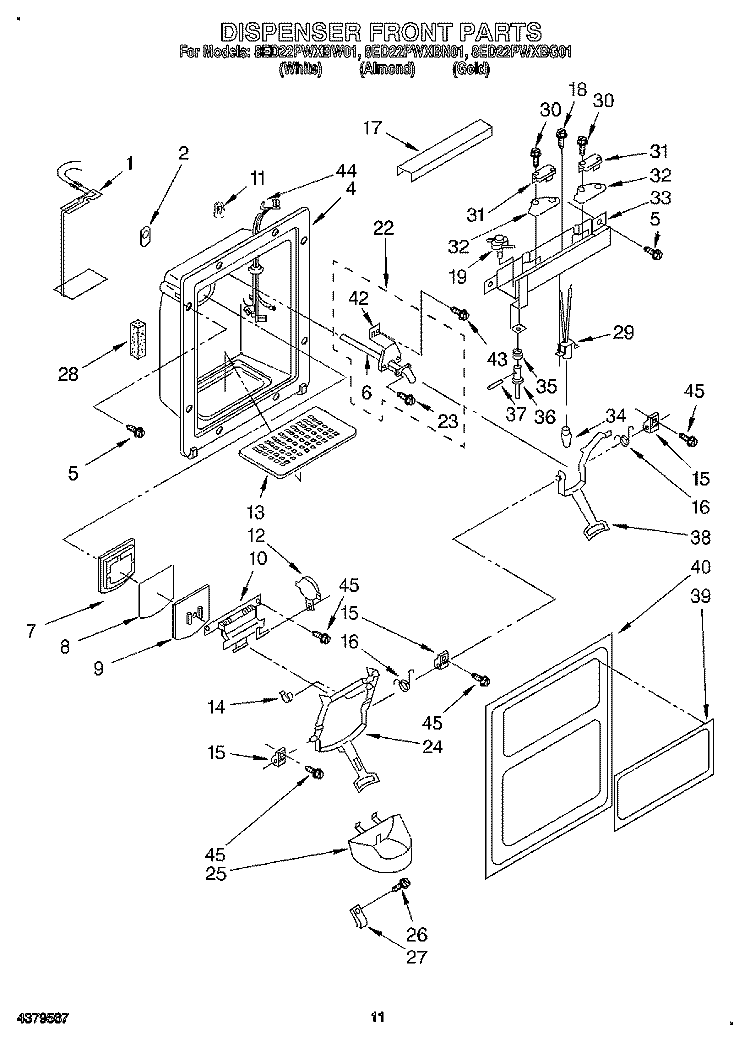 DISPENSER FRONT Diagram and Parts List for 8ED22PWXBN01  Whirlpool Refrigerator