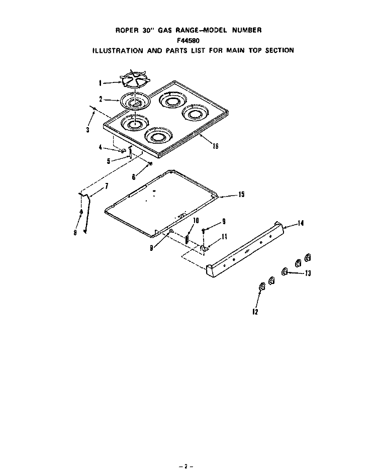 MAIN TOP Diagram and Parts List for F4458L0  Roper Range