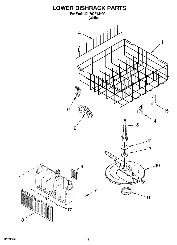 LOWER DISHRACK Diagram and Parts List for DU600PWKQ0  Whirlpool Dishwasher