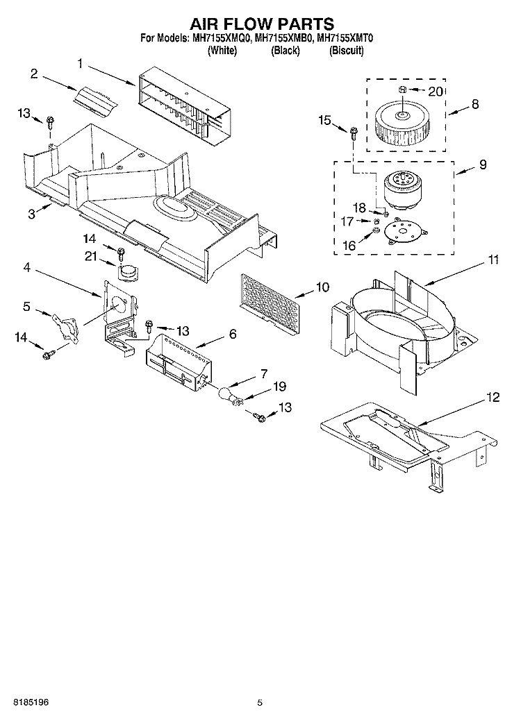 AIR FLOW PARTS Diagram and Parts List for MH7155XMQ0  Whirlpool Microwave