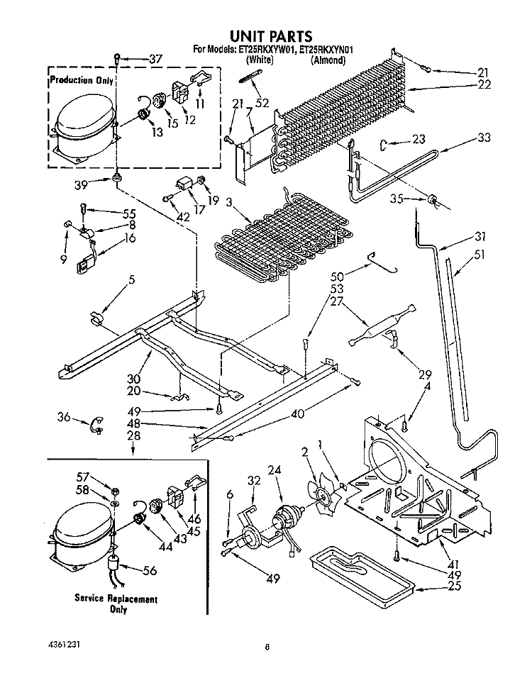 UNIT Diagram and Parts List for ET25RKXYW01  Whirlpool Refrigerator