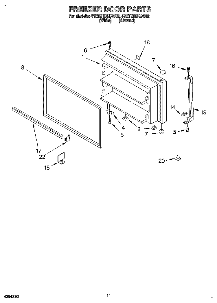 FREEZER DOOR, LIT/OPTIONAL Diagram and Parts List for 4YET21DKDN02  Whirlpool Refrigerator