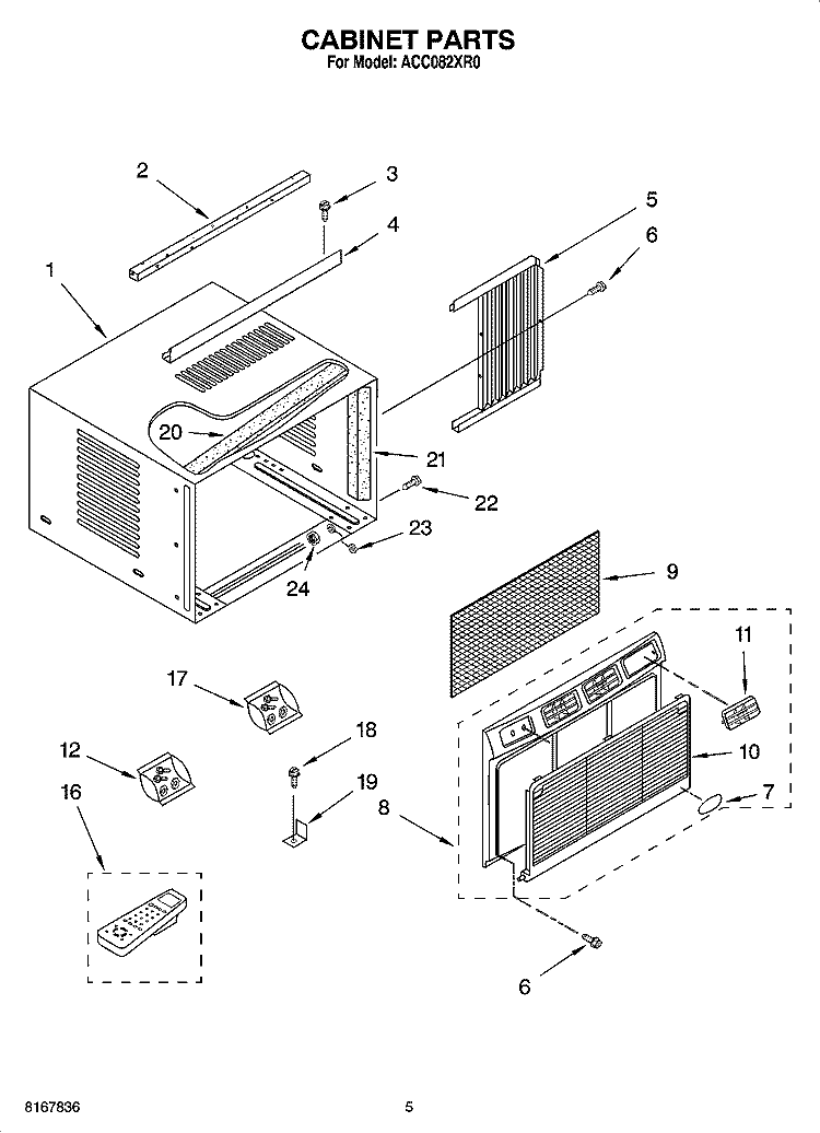 CABINET PARTS Diagram and Parts List for ACC082XR0  Whirlpool Air Conditioner